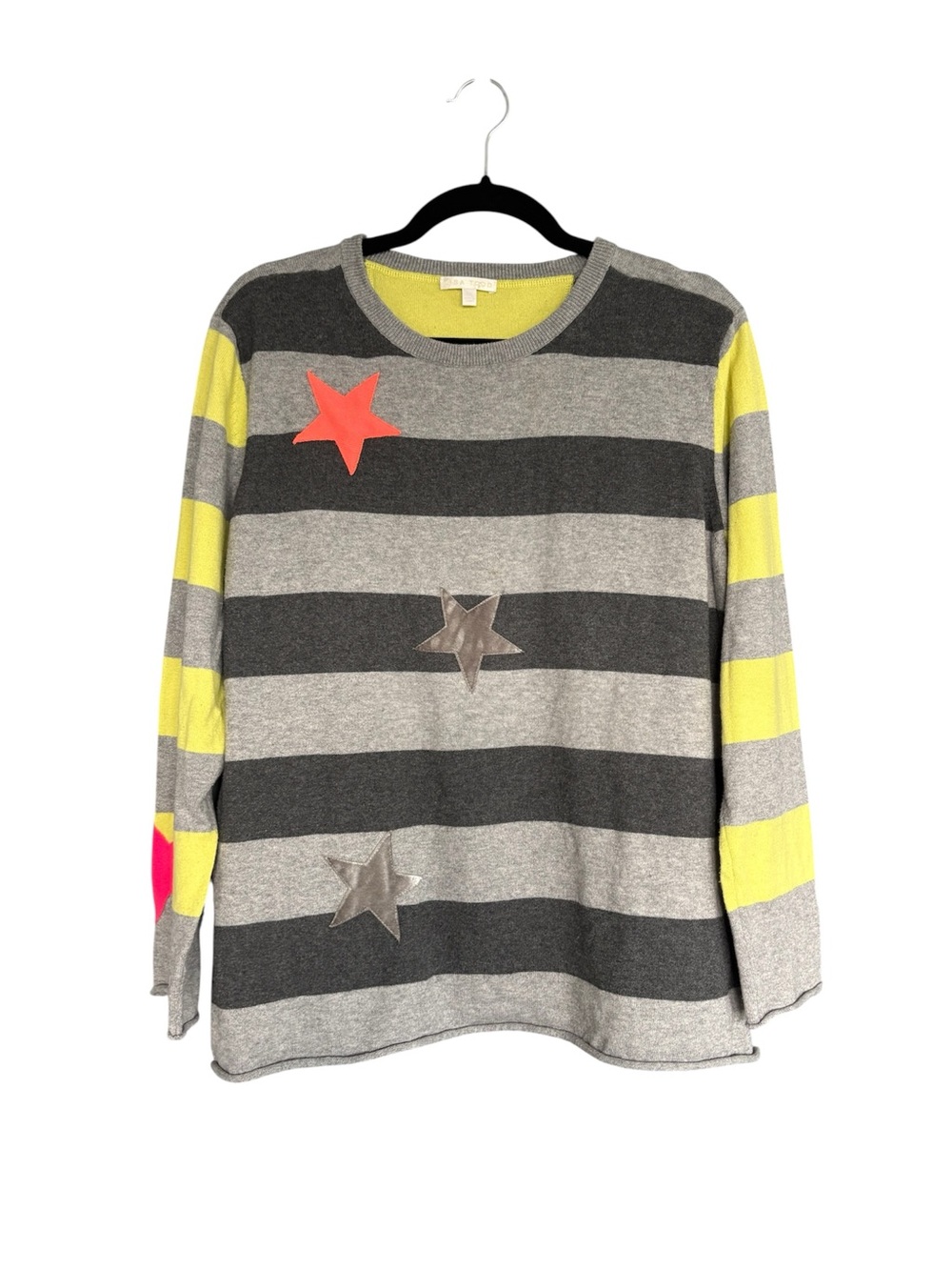 Lisa Todd Star Sweater 1X Gray Stripe Yellow Cashmere Blend Y2K Cozy Comfy Luxe